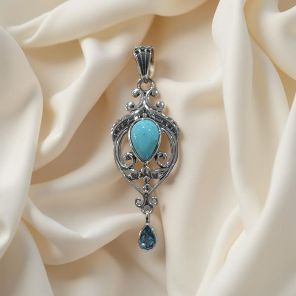 Mexican Turquoise Pendant With Blue Topaz Sterling Silver