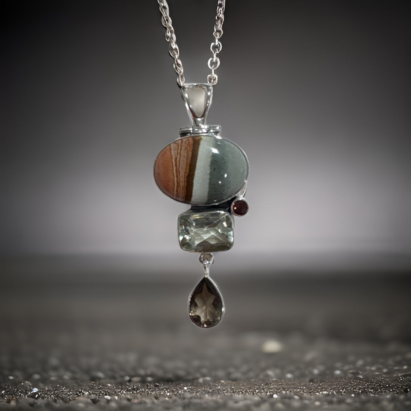 Sterling Silver Polychrome Jasper Pendant With Green Amethyst,Smoky Quartz And Garnet