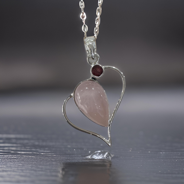 Rose Quartz Heart Shape Pendant With Garnet Sterling Silver