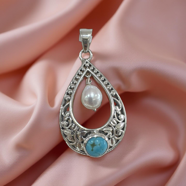 Turquoise And Pearl Pendant Sterling Silver