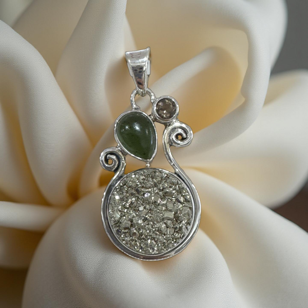 Pyrite,Jade And Smoky Quartz Pendant Sterling Silver