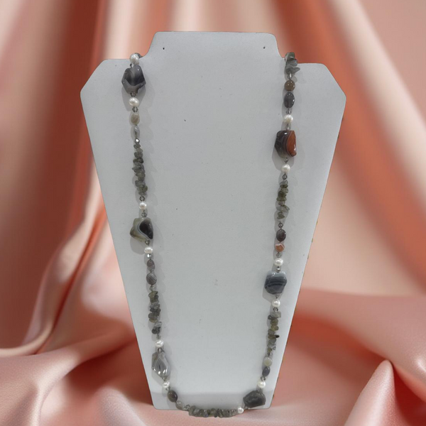 Botswana Agate,Labradorite & Cultured Pearl Necklace (20F33)