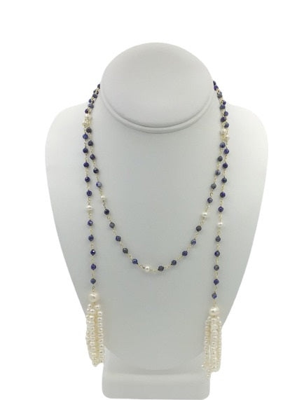 Lapis And Pearl Lariat Necklace (17C20-LP4-PPT56)