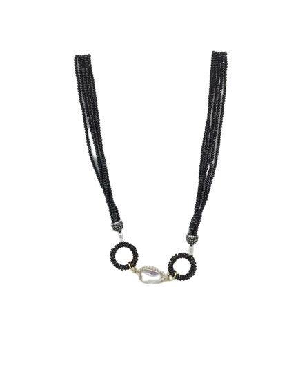 Jet Black Beaded Hoop & Pearl Crystal Necklace (20YS01-01)