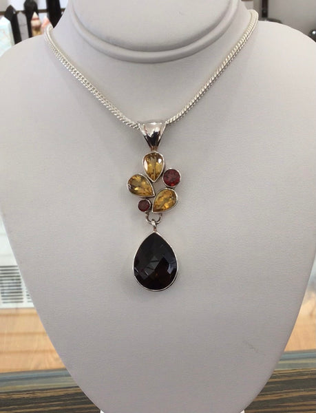 Sterling Silver Citrine Pendant With Garnet And Smoky Quartz