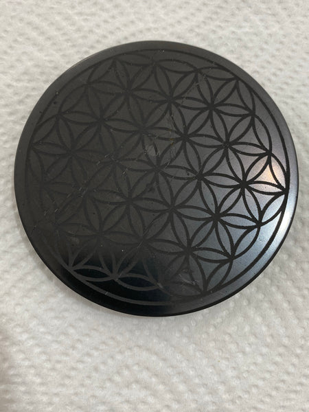 Shungite Tile Round Engraved Flower Of Life Cellphone/ Laptop