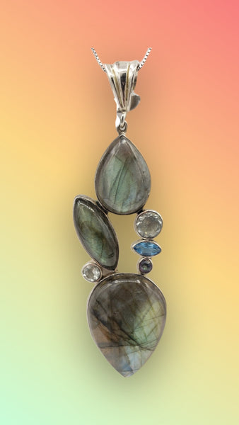 Sterling Silver Designer Labradorite Pendant With Green Amethyst,BT