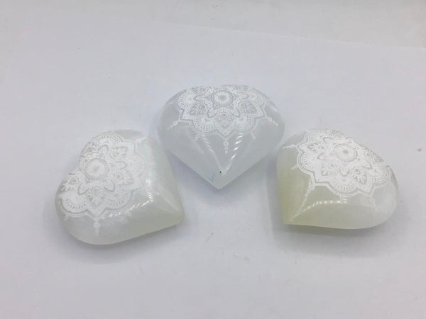 Selenite Heart Laser Engraved