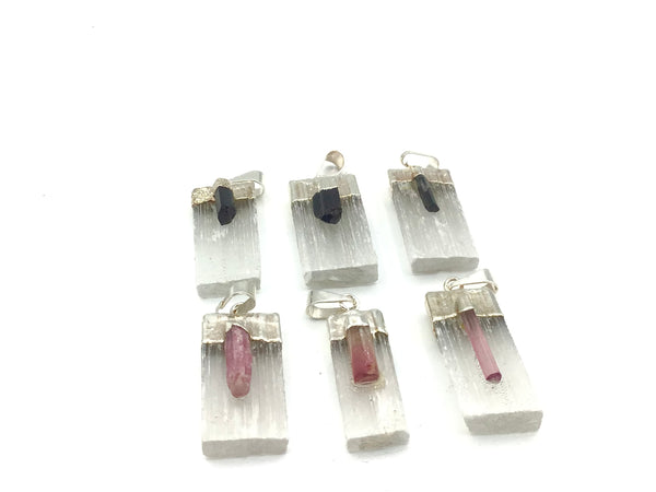 Selenite Pendants With Tourmaline Point