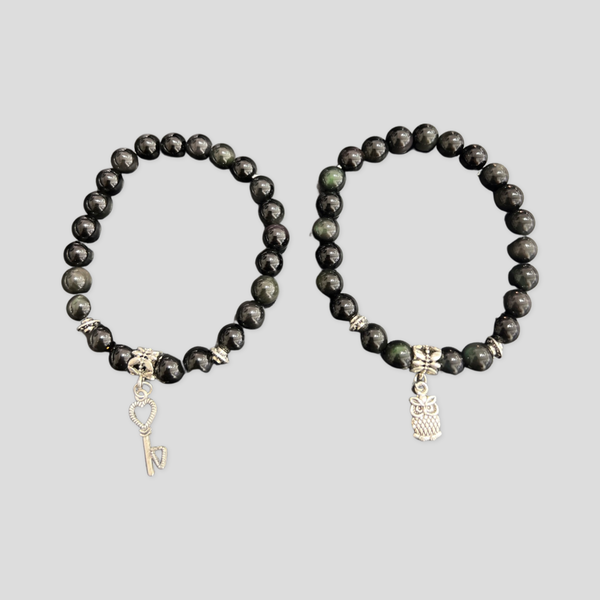 Black Obsidian 8 mm Beaded Bracelet With Charm